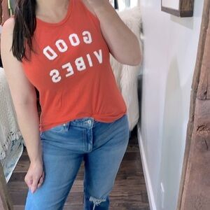 Good Vibes graphic tank top orange size large
